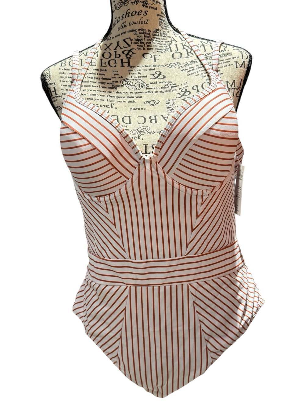 NWT Cupshe White & Terracotta Stripe One-Piece Swimsuit – Size XL